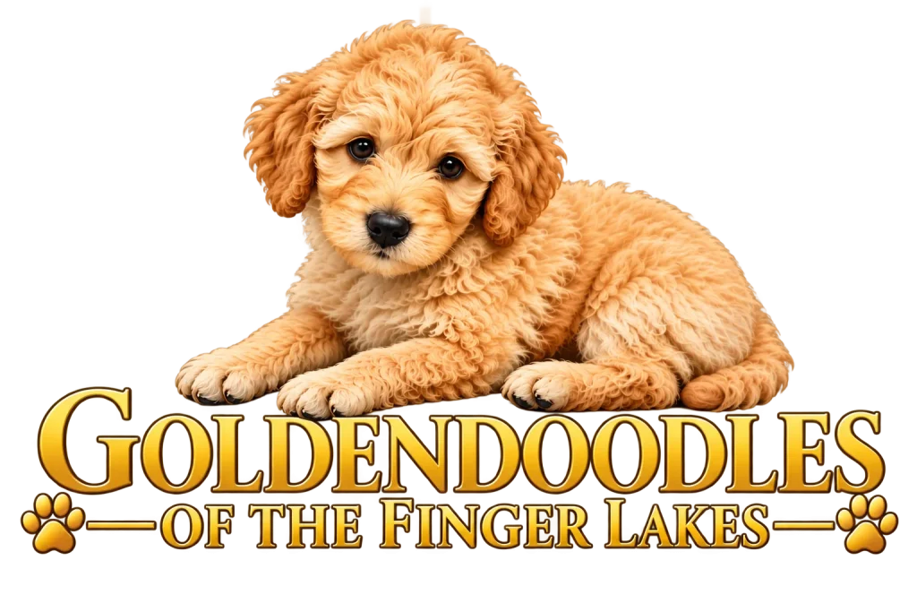 Goldendoodles of the Finger Lakes logo featuring a golden Goldendoodle puppy with gold lettering and paw prints.