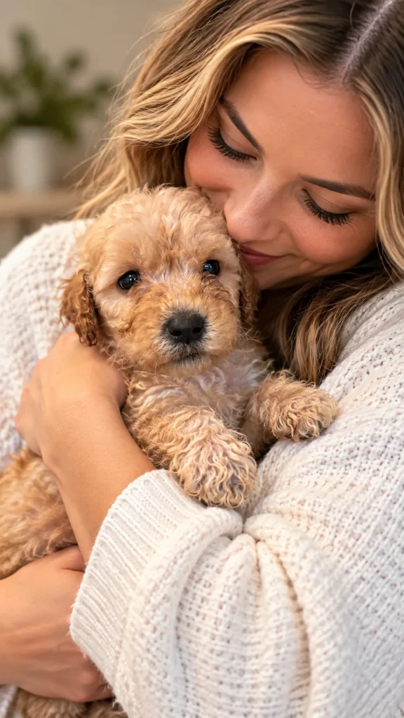 Woman hugging an adorable apricot Mini Goldendoodle puppy close to her chest